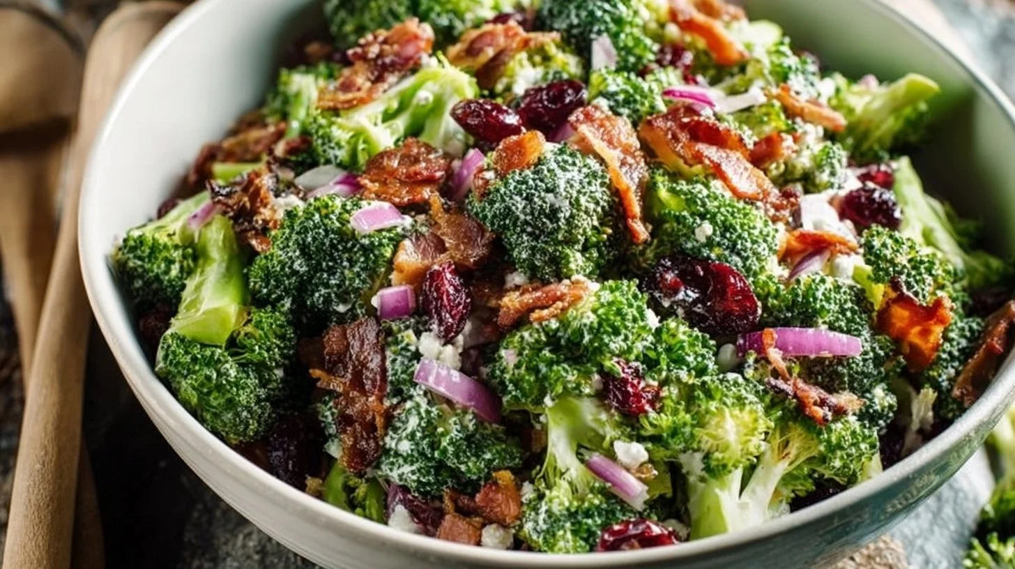 Delicious broccoli salad with colorful vegetables and dressing