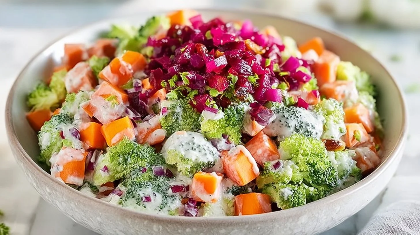 Bowl of fresh broccoli salad with colorful vegetables and a creamy dressing