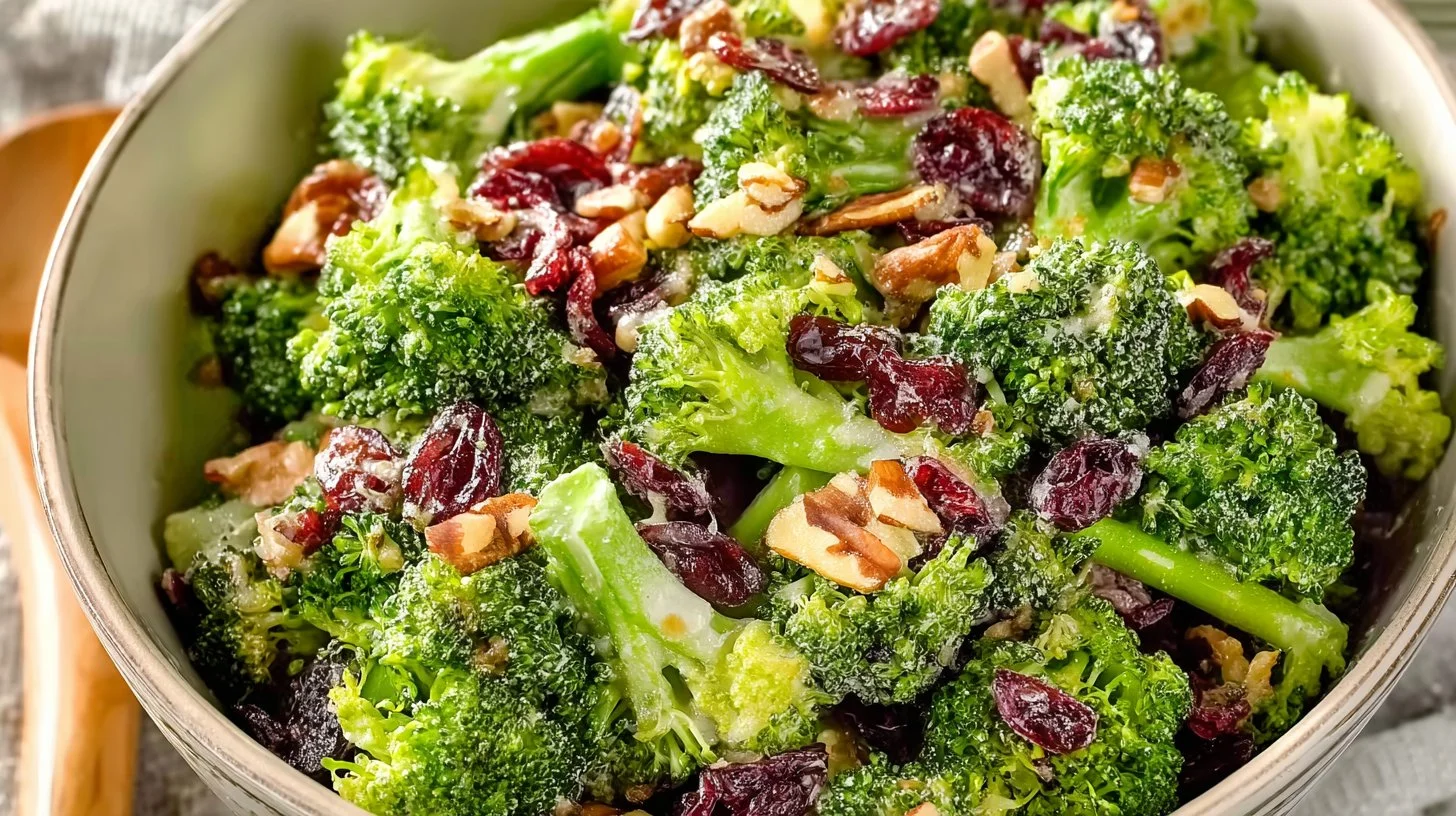 Broccoli salad with cranberries and bacon in a bowl