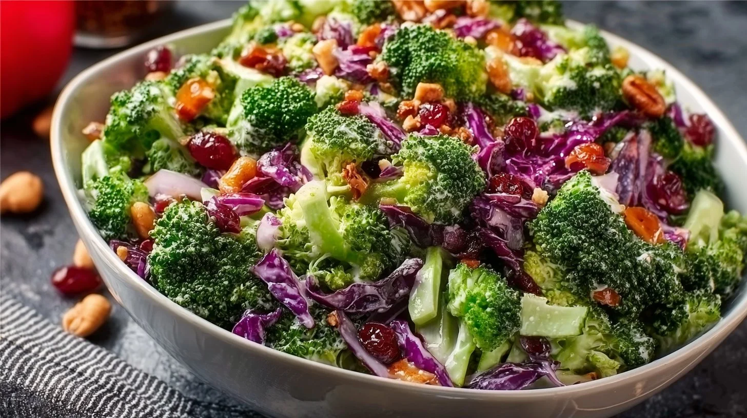 Broccoli salad with bacon and sunflower seeds in a vibrant bowl