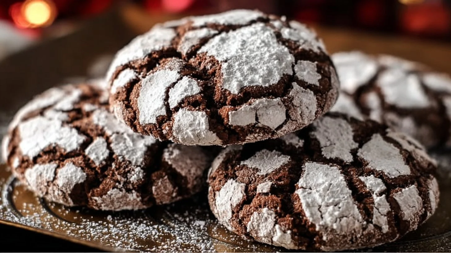 Delicious chocolate crinkle cookies made from brownie mix, with a dusting of powdered sugar.