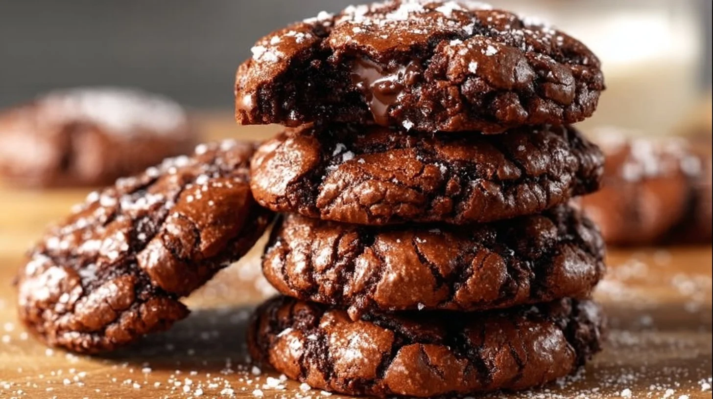 A plate of freshly baked brownie mix cookies topped with chocolate chips.