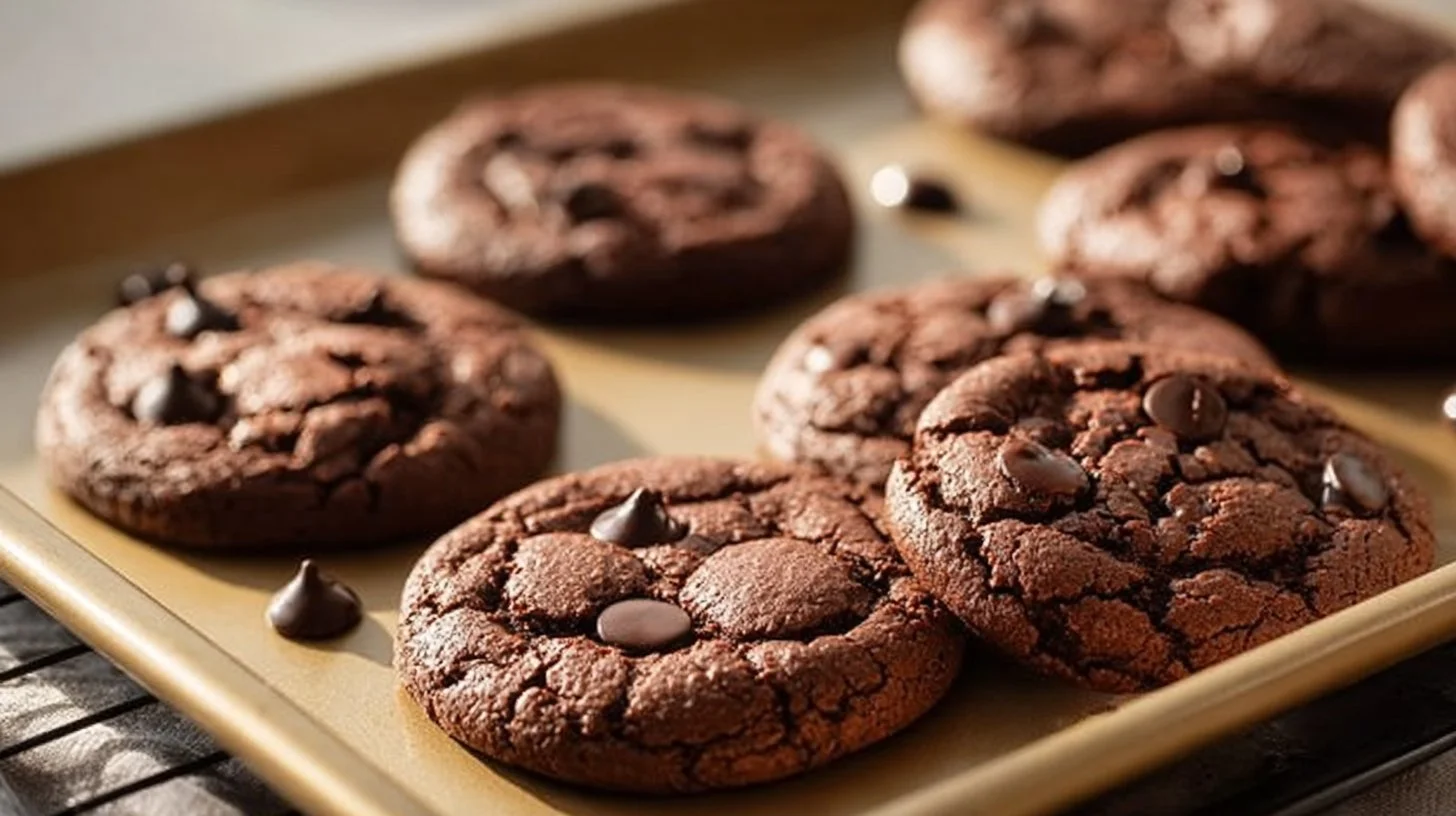 A plate of freshly baked brownie mix cookies decorated with chocolate chips