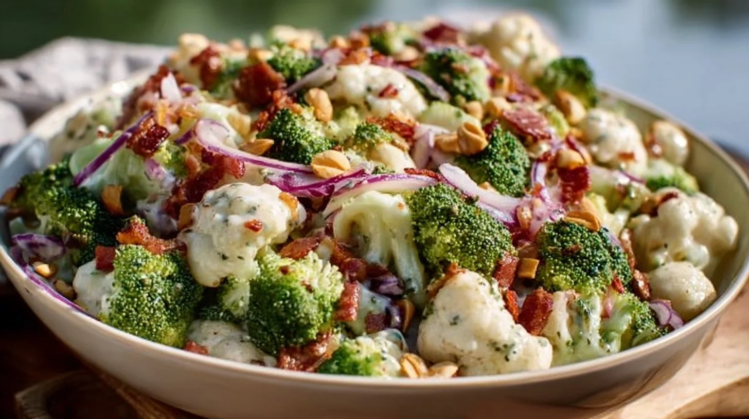 Fresh and vibrant Cauliflower Broccoli Salad with dressing and toppings