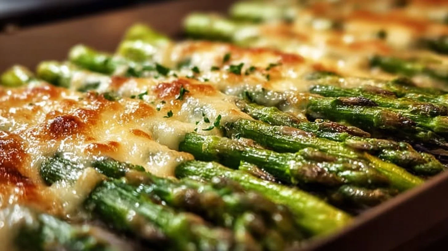 Cheesy baked asparagus topped with melted cheese and herbs on a baking dish