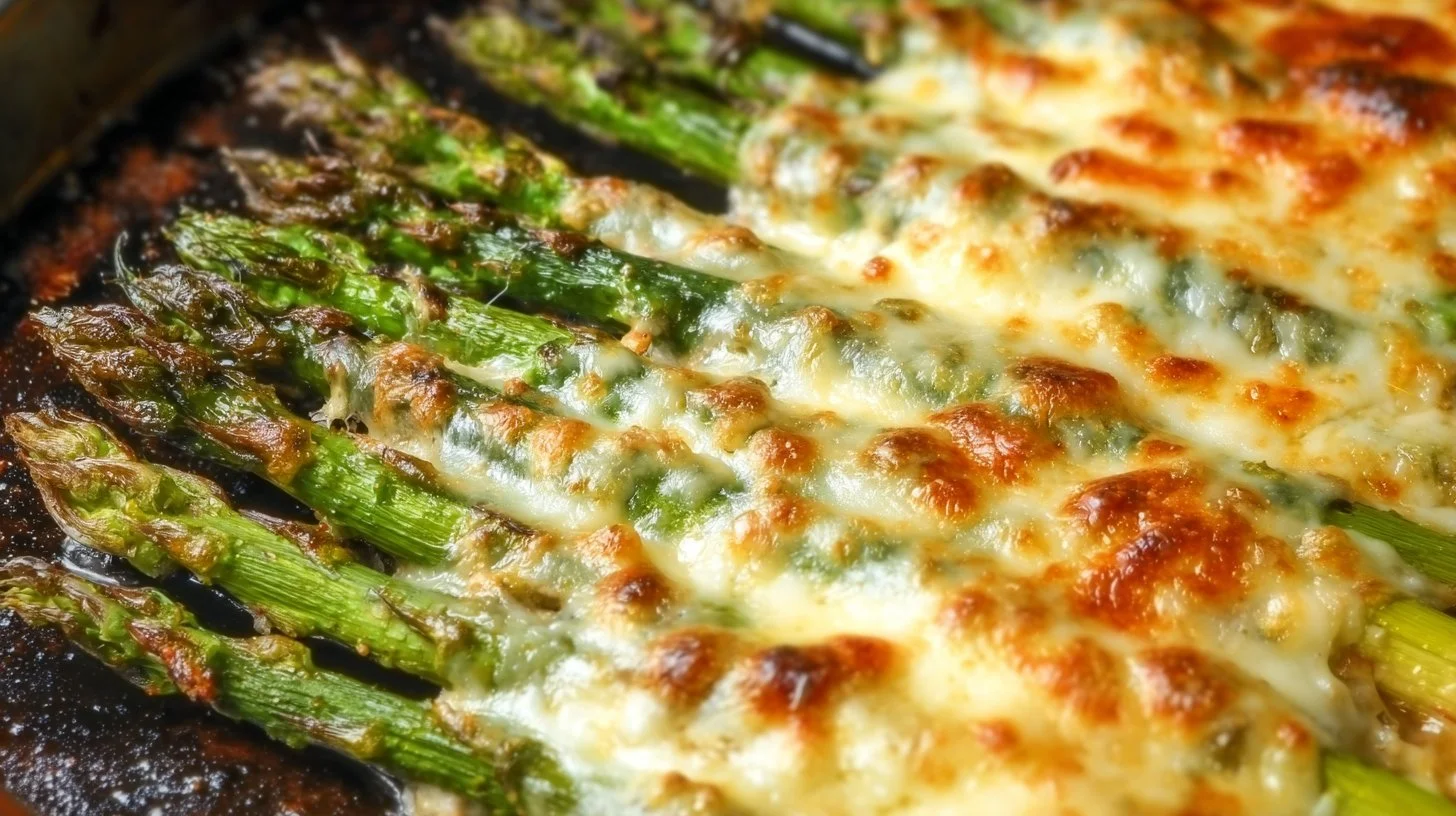Cheesy garlic roasted asparagus served on a plate, garnished with cheese and herbs.