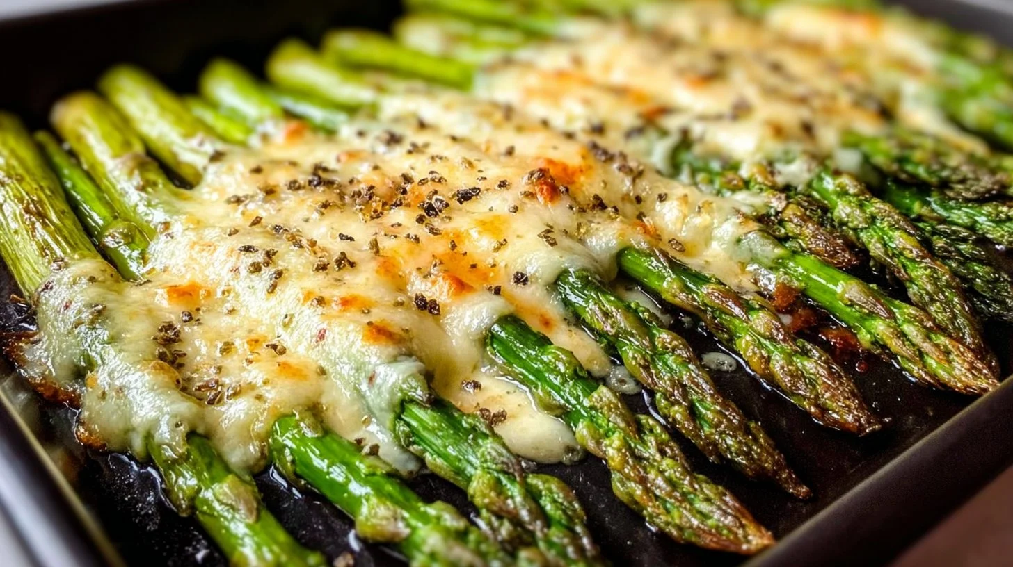 Cheesy garlic roasted asparagus on a sheet pan ready to serve