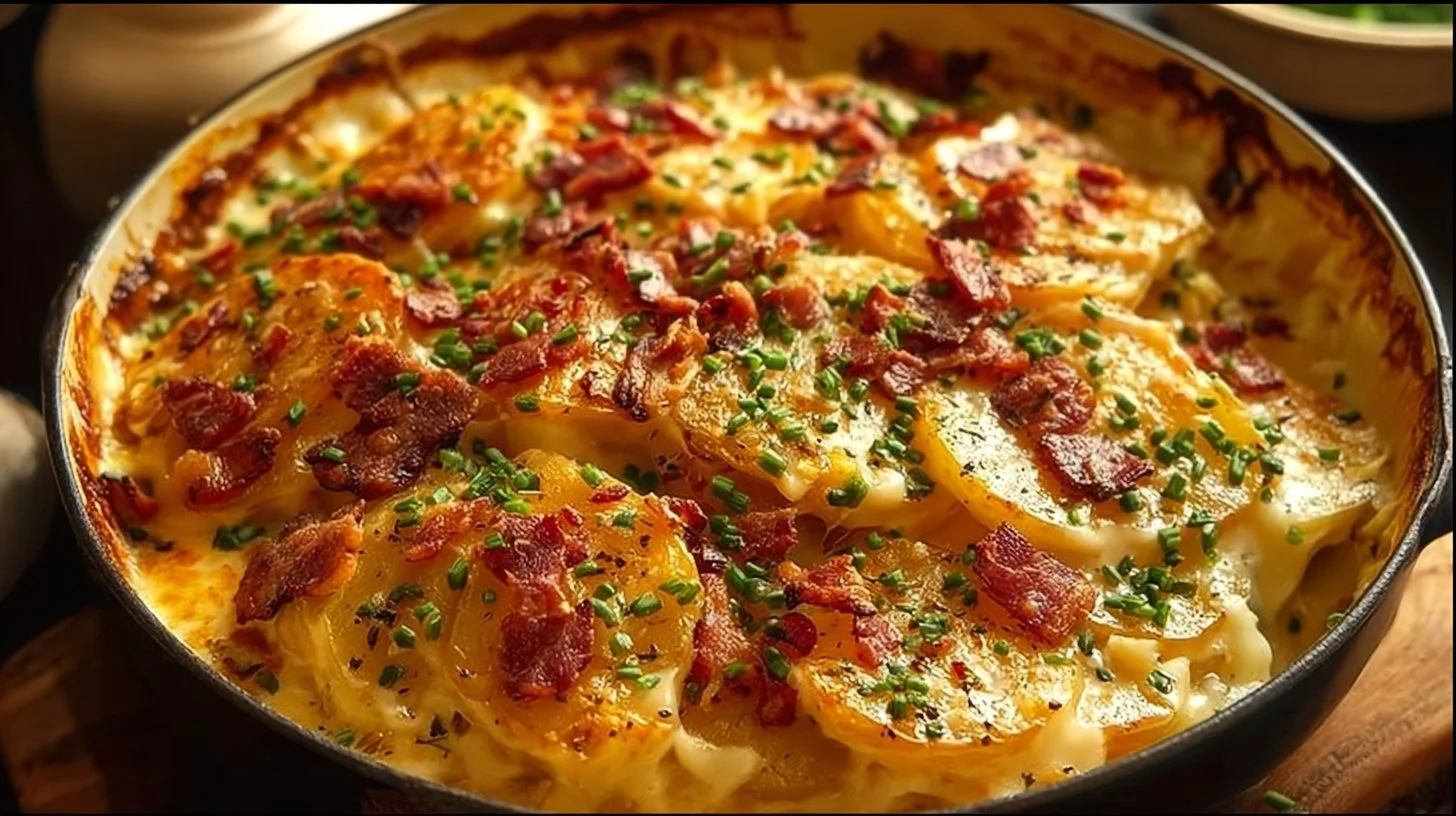 Cheesy loaded scalloped potatoes with delicious melted cheese and creamy layers.