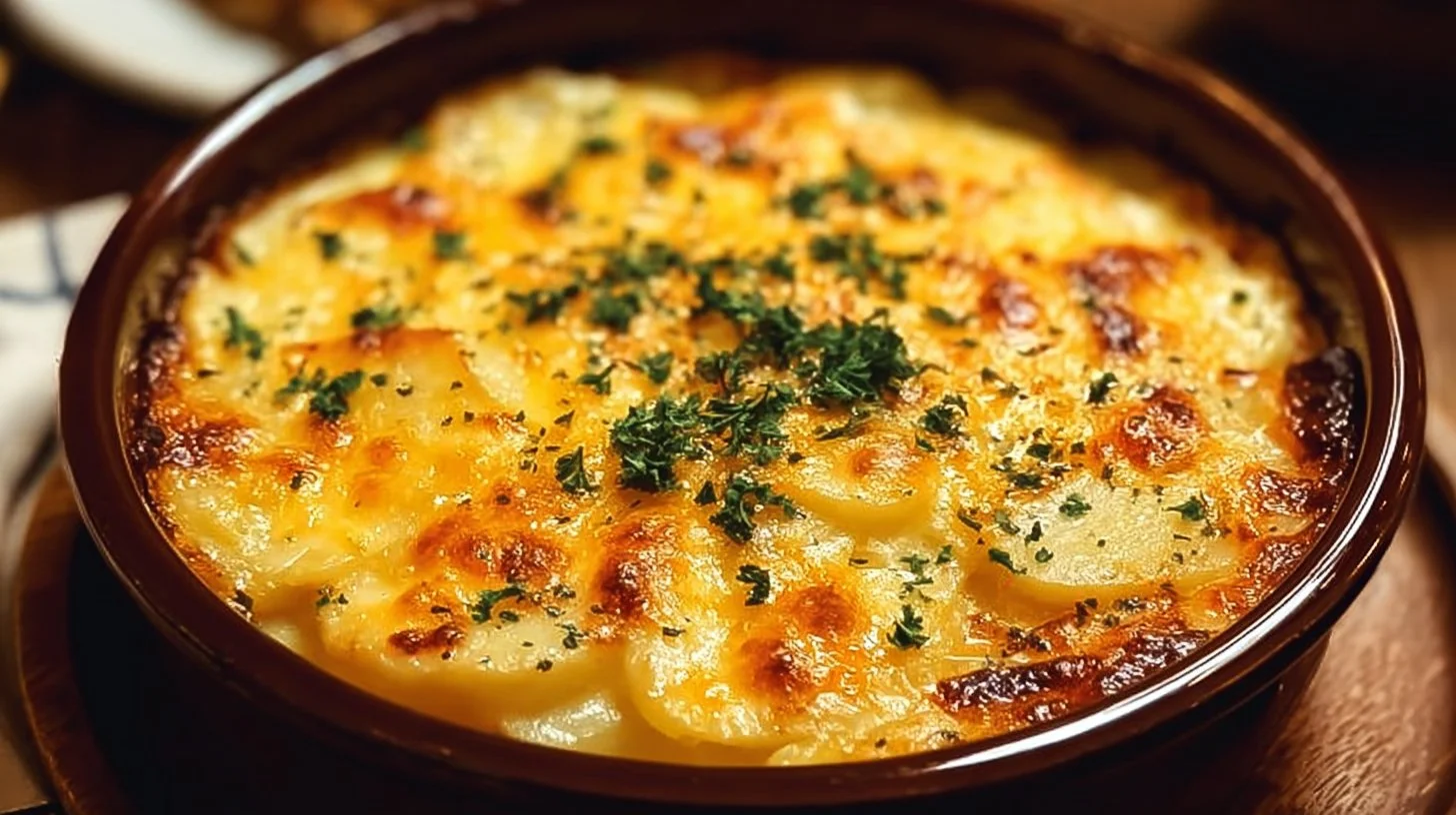 Delicious cheesy scalloped potatoes baked to perfection with a golden crust.