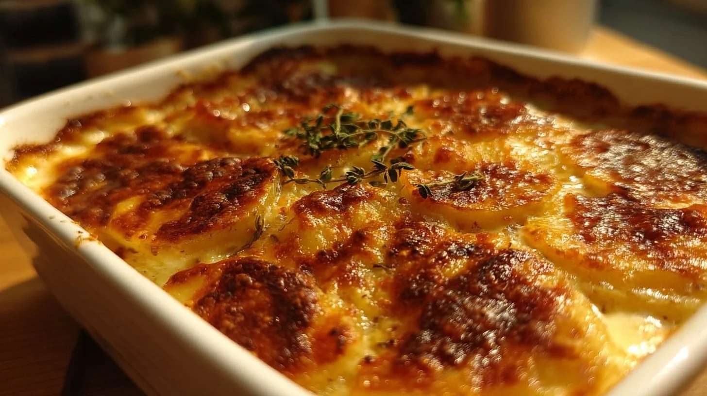 Delicious cheesy scalloped potatoes baked to perfection with a creamy sauce.