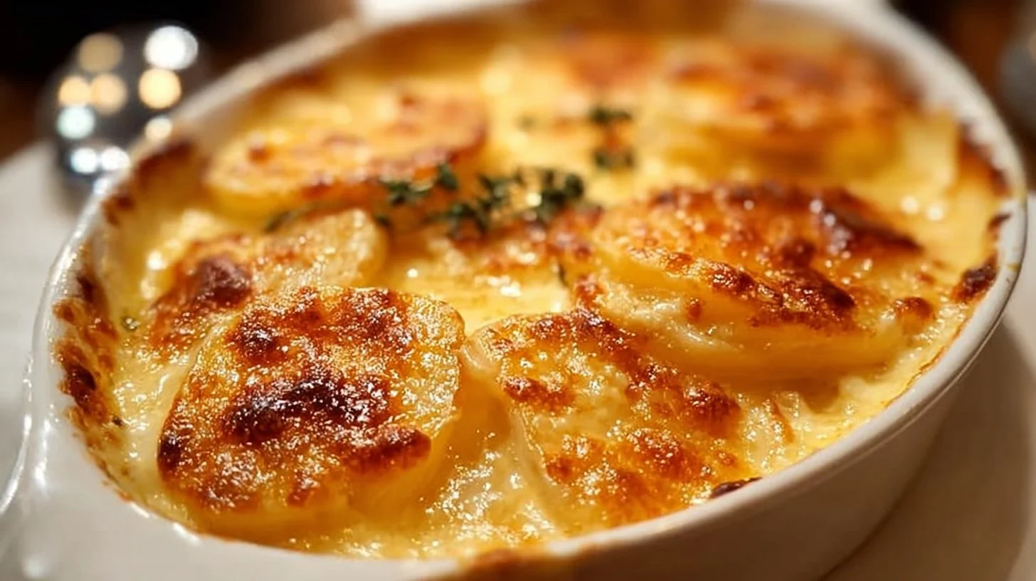 Delicious cheesy scalloped potatoes baked to perfection with a creamy cheese sauce