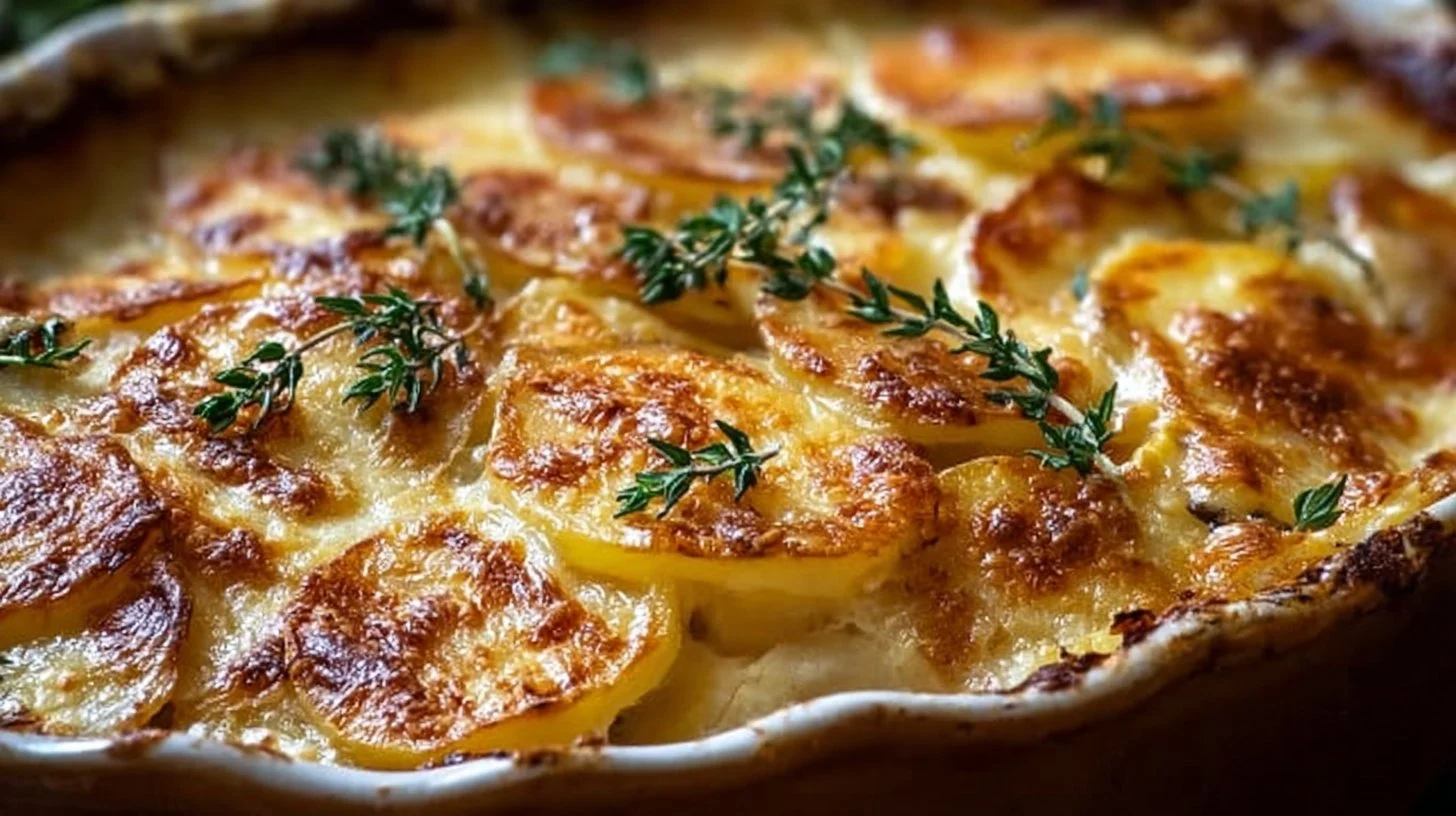 Delicious cheesy scalloped potatoes topped with golden-brown cheese