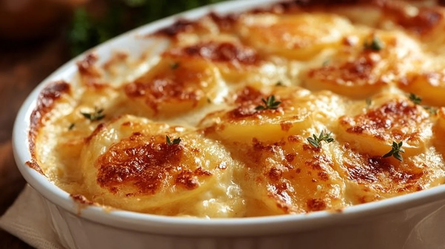Delicious cheesy scalloped potatoes baked until golden and bubbly.