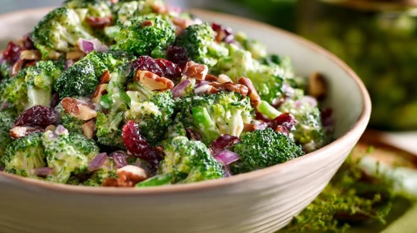 Classic creamy broccoli salad with fresh vegetables and dressing