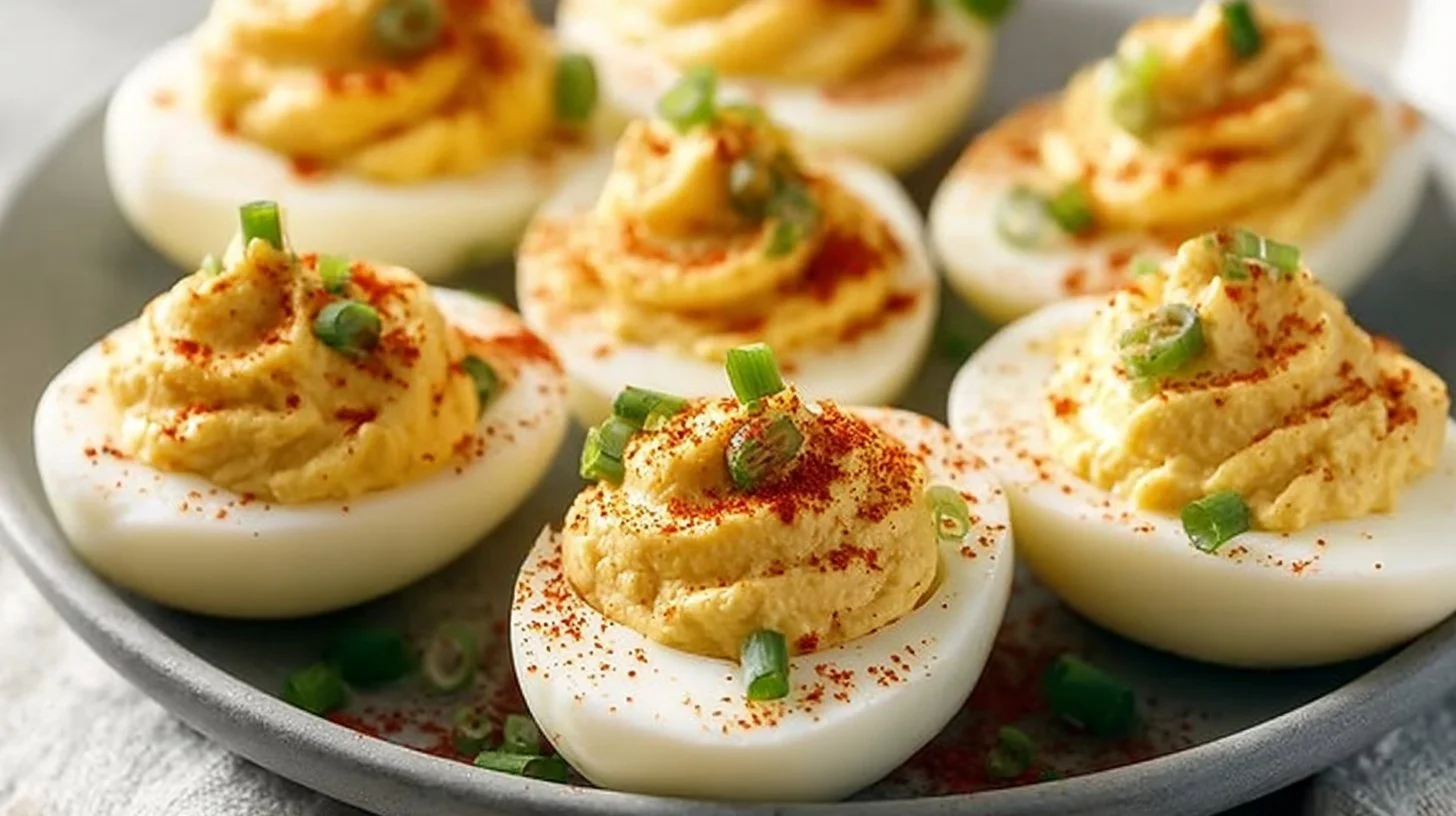 Classic deviled eggs served on a platter with garnishes