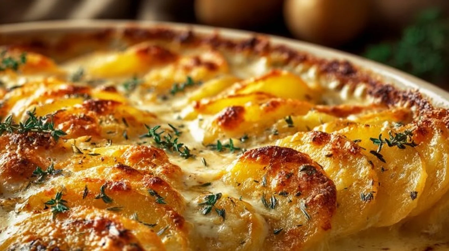 Delicious classic scalloped potatoes baked with cheese and cream.