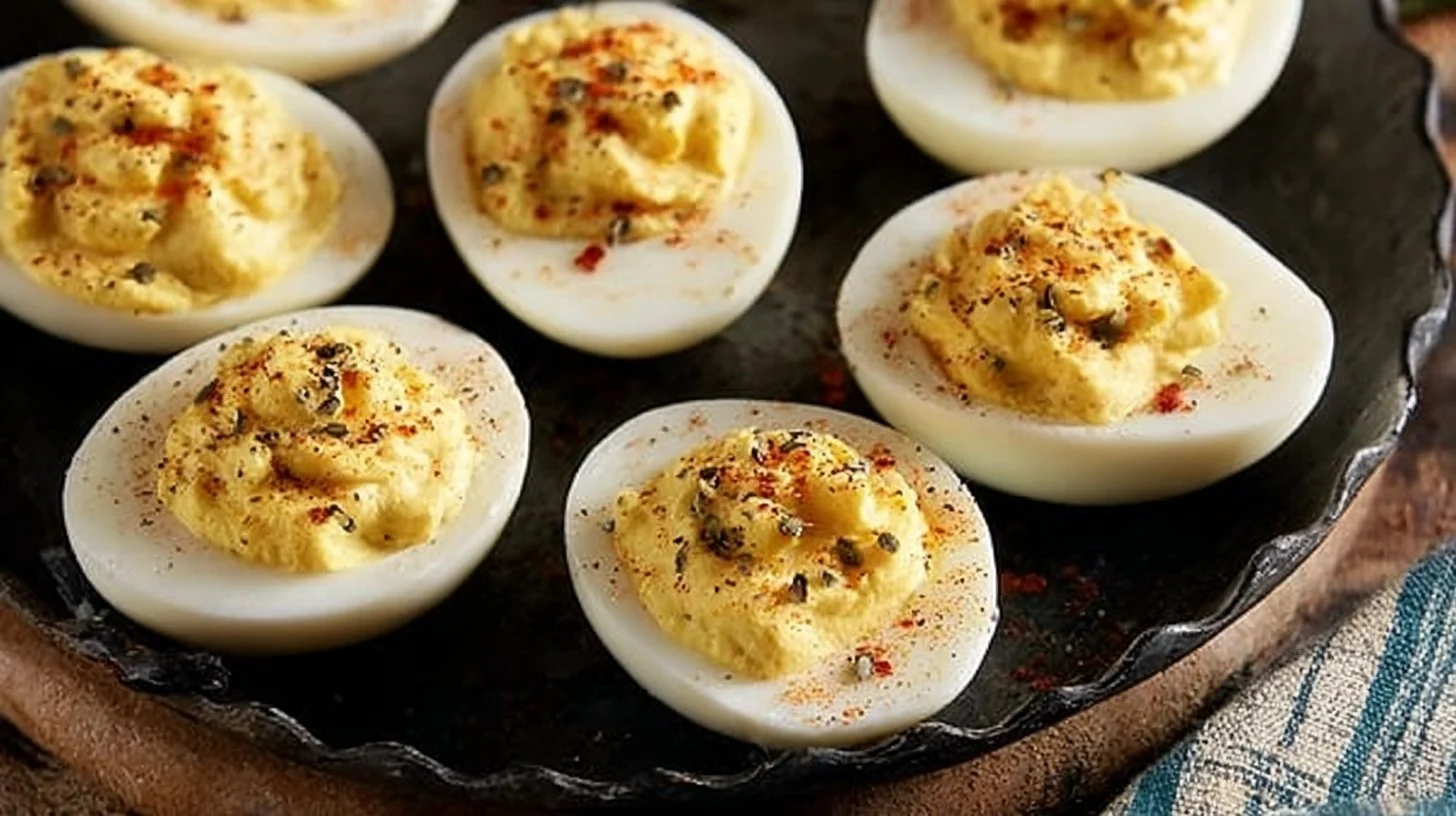 Delicious classic Southern deviled eggs on a decorative platter