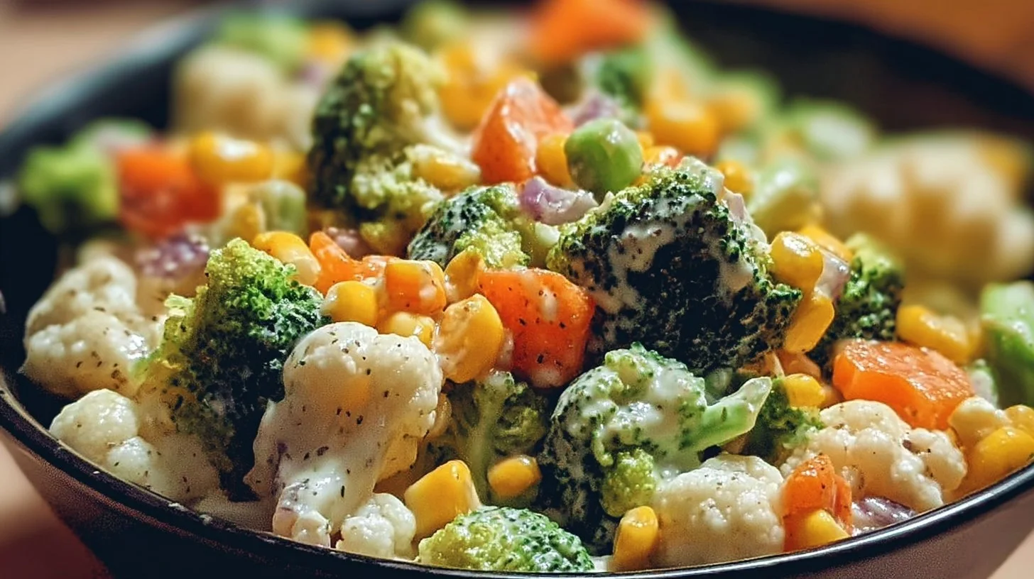 Creamy broccoli cauliflower corn salad garnished with fresh herbs.