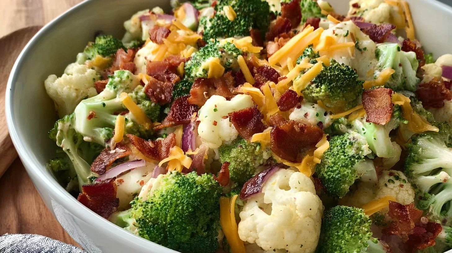 Creamy broccoli cauliflower salad in a bowl, garnished with herbs.