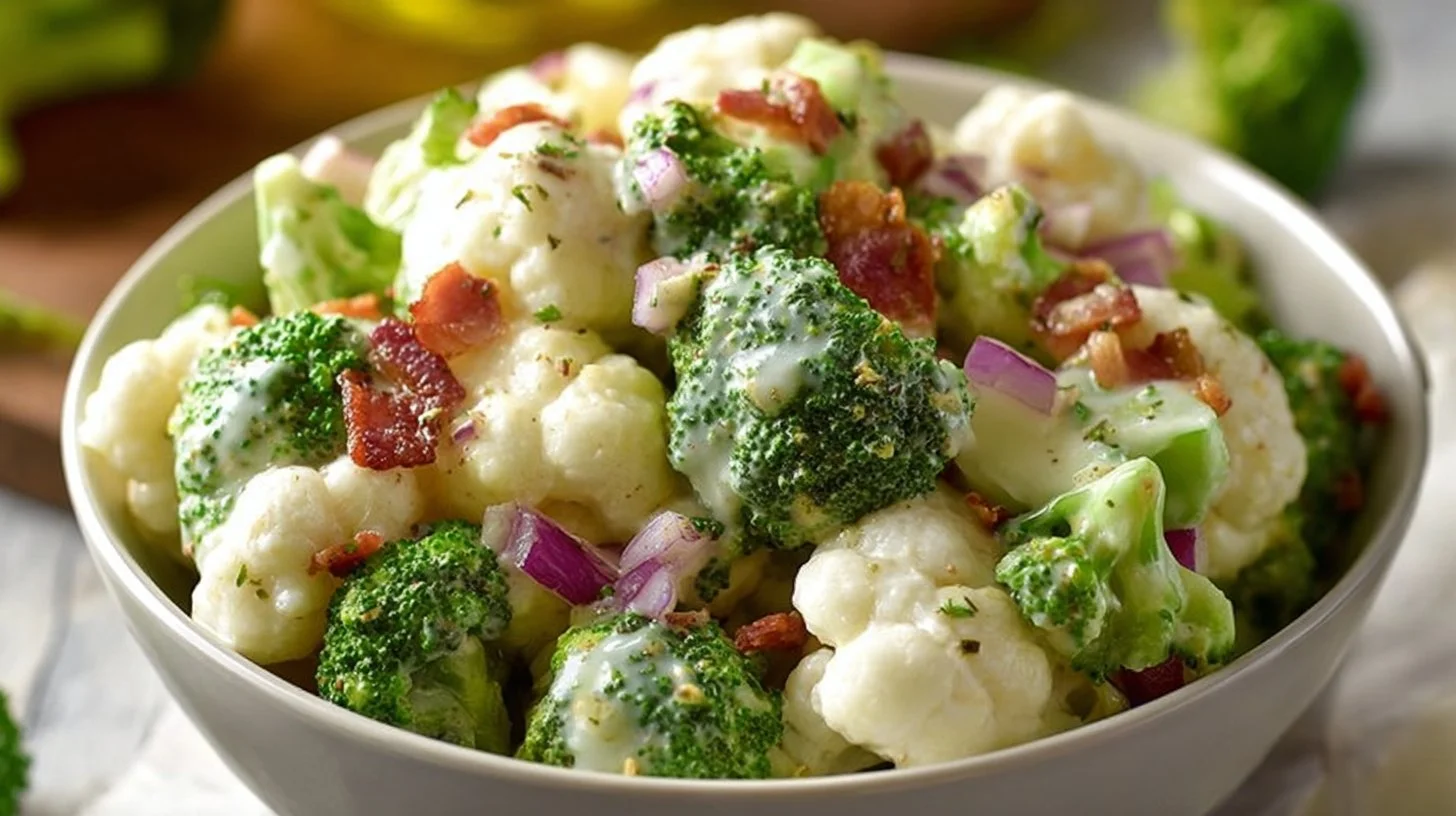 Creamy broccoli cauliflower salad with fresh vegetables and delicious dressing.