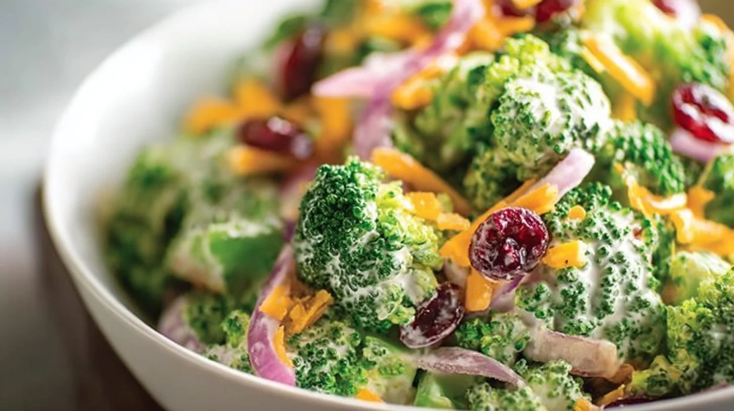 Creamy broccoli cheddar salad with fresh vegetables and cheese dressing