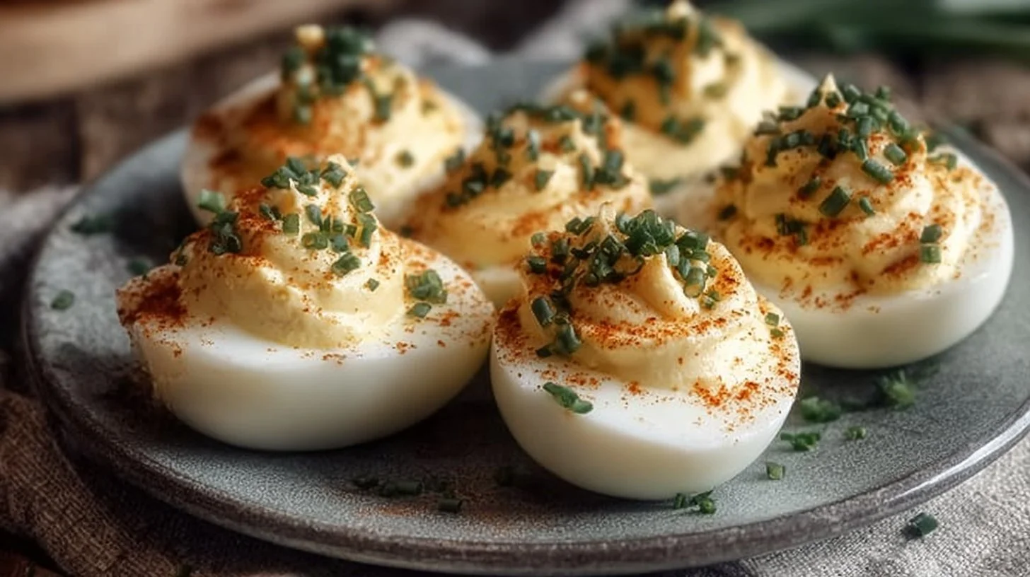 Plate of creamy classic deviled eggs garnished with paprika and herbs