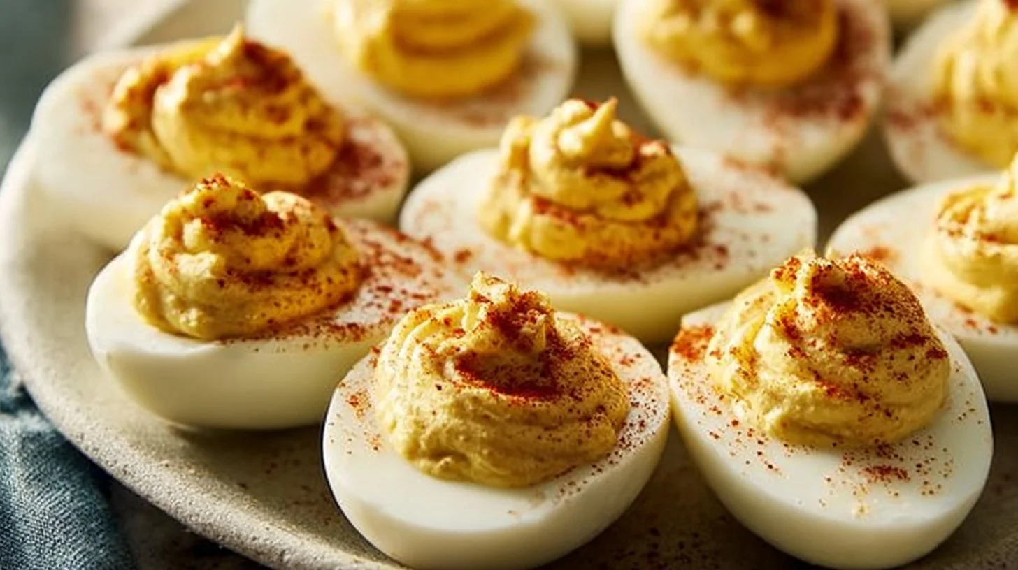 Delicious creamy deviled eggs garnished with paprika and herbs