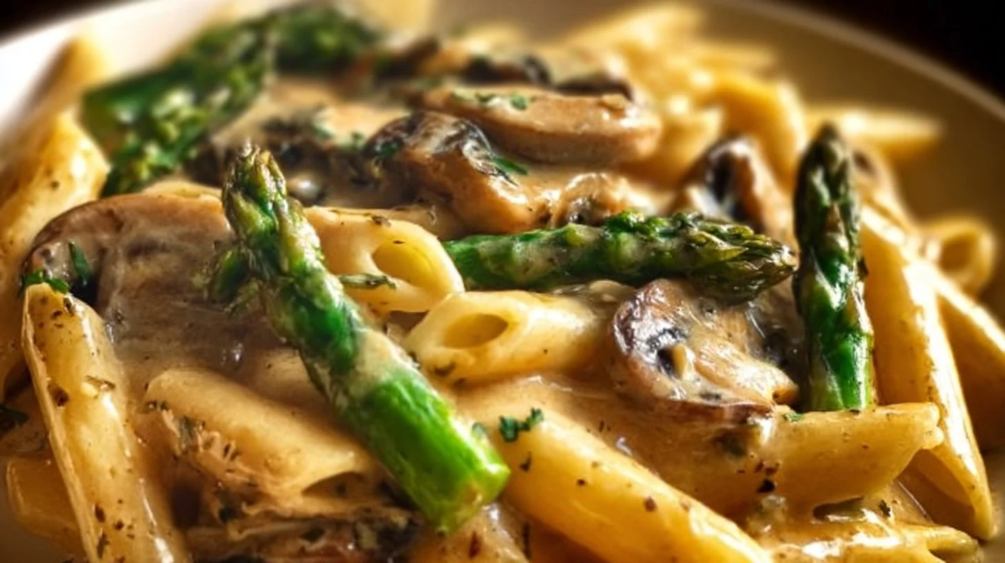 Creamy mushroom and asparagus chicken penne dish served in a bowl