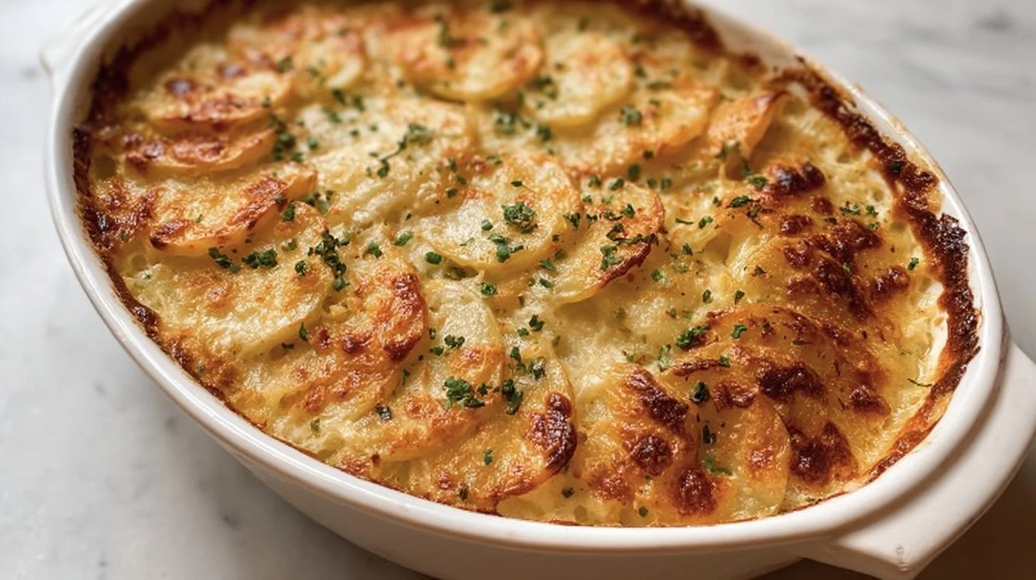 Creamy scalloped potatoes casserole topped with cheese and herbs
