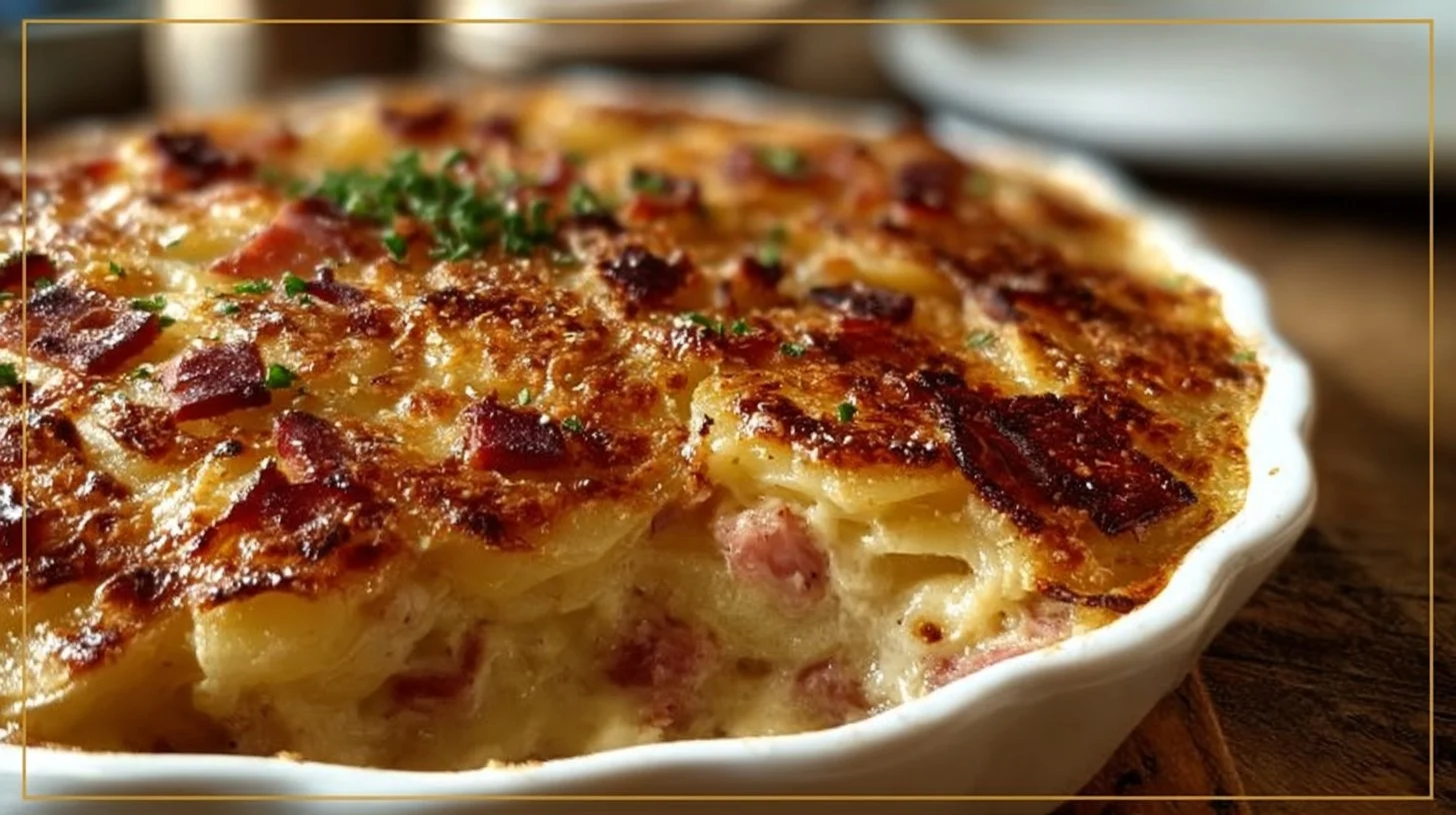 Creamy scalloped potatoes layered with ham for a savory side dish.