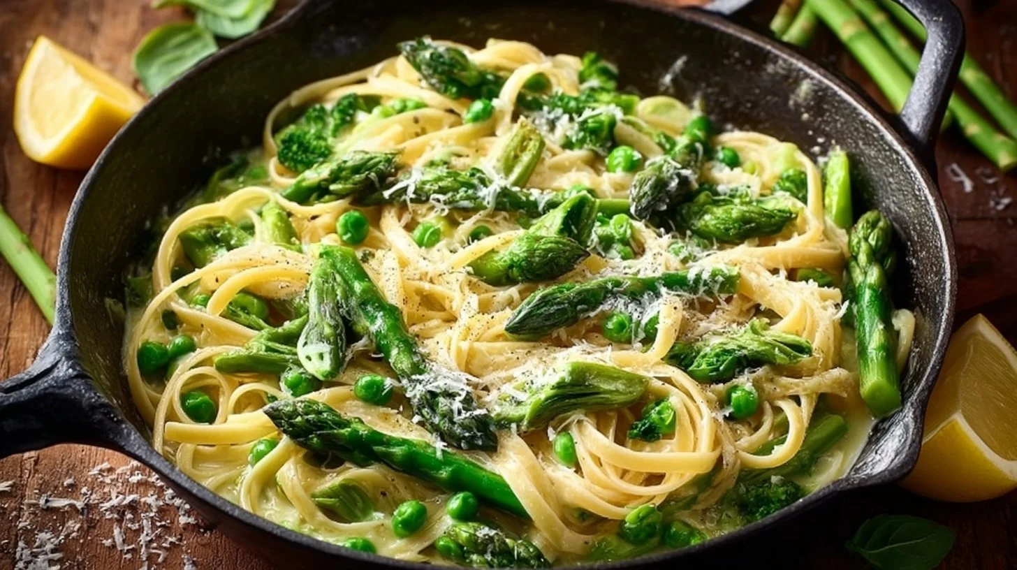 Creamy spring vegetable pasta with fresh vegetables and a rich sauce