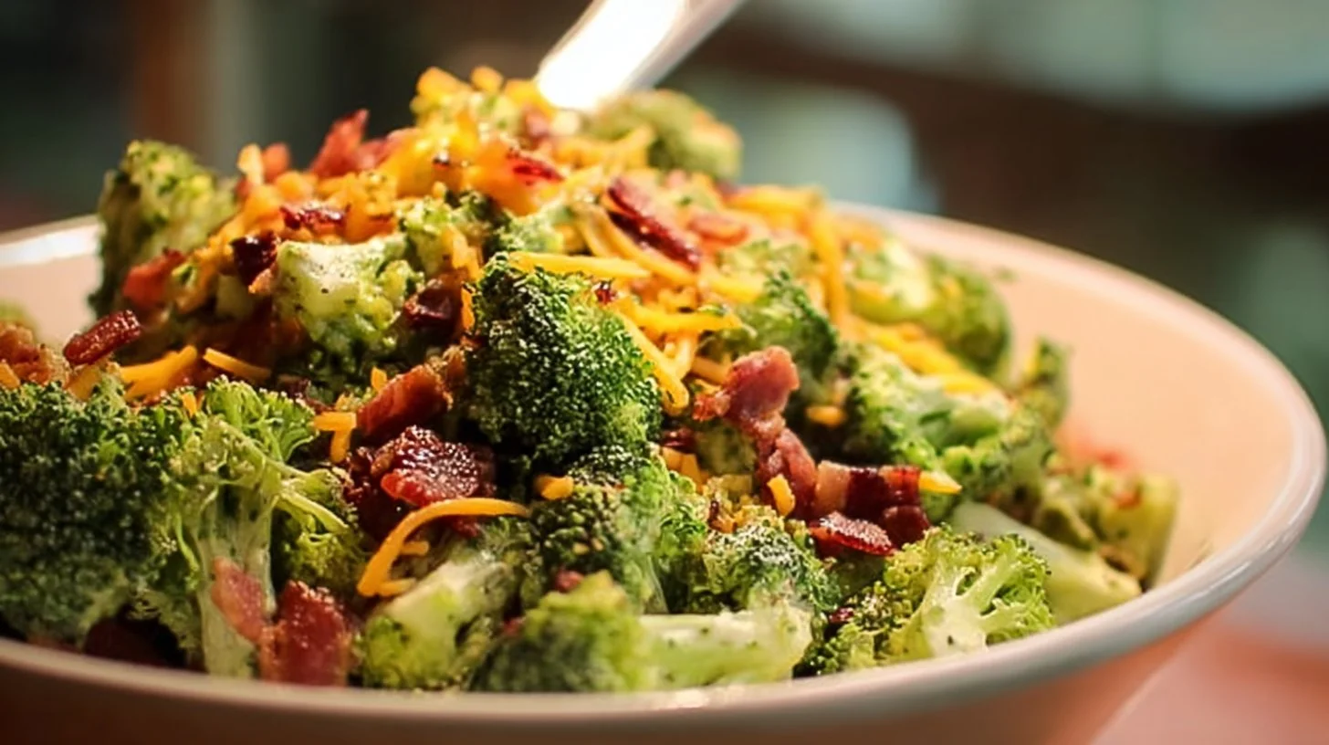 Crisp and creamy broccoli salad in a bowl, garnished with nuts and dressing.