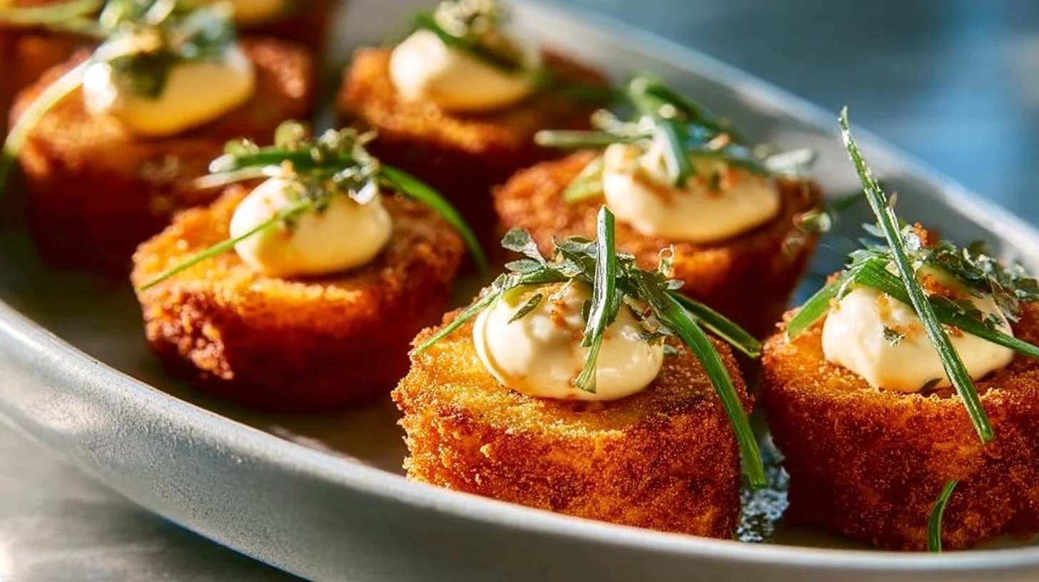 Plate of crispy fried deviled eggs garnished with herbs