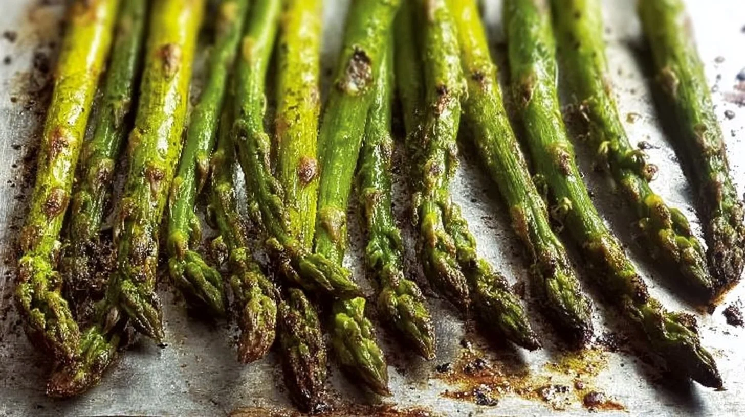 Plate of crispy roasted asparagus with seasonings