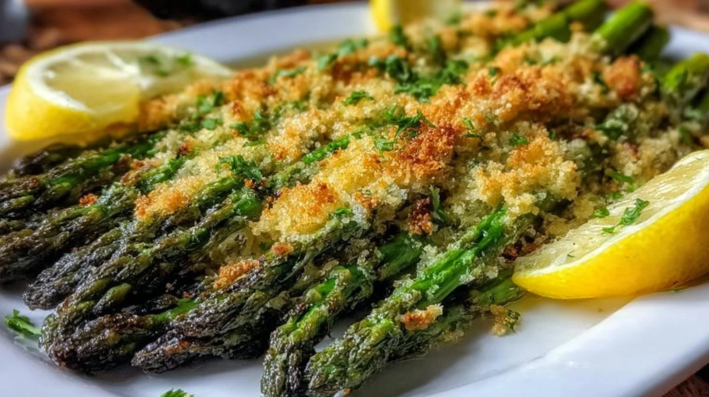 Crispy roasted asparagus with lemon-parmesan crust on a plate