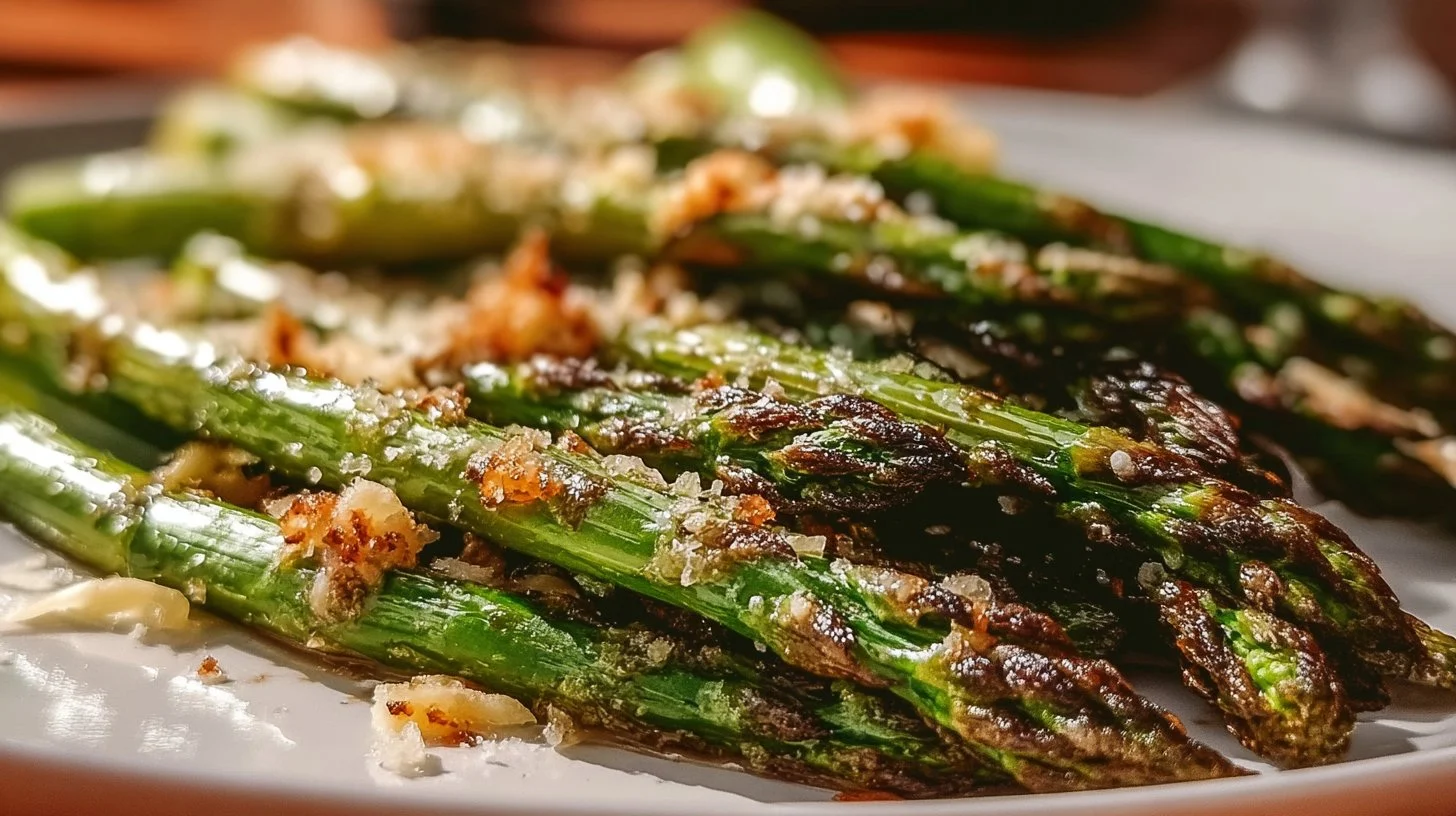 Crispy roasted spring asparagus garnished with lemon and parmesan.