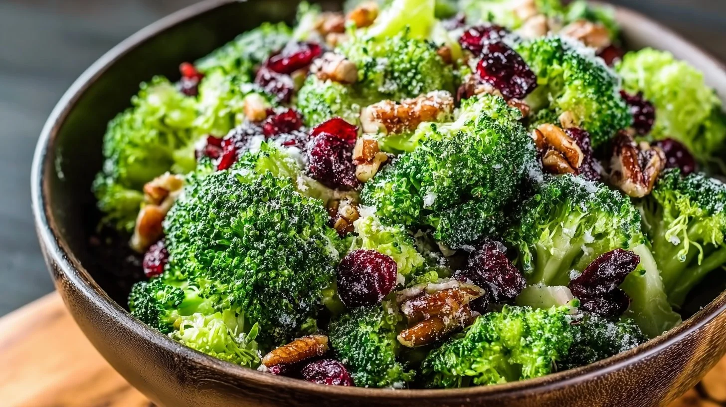 Crunchy broccoli cranberry salad with colorful ingredients in a bowl