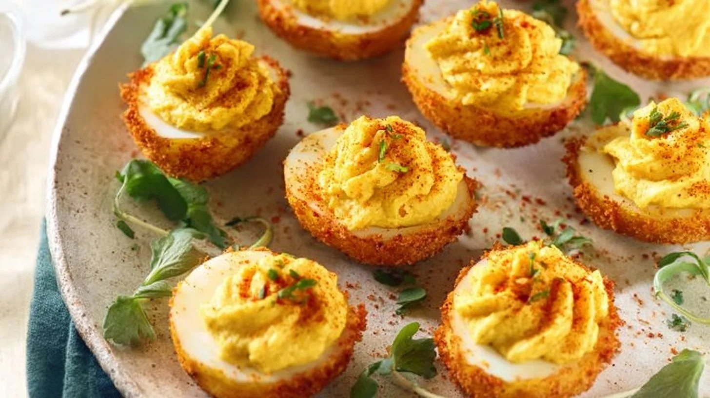 Plate of deep-fried deviled eggs garnished with herbs