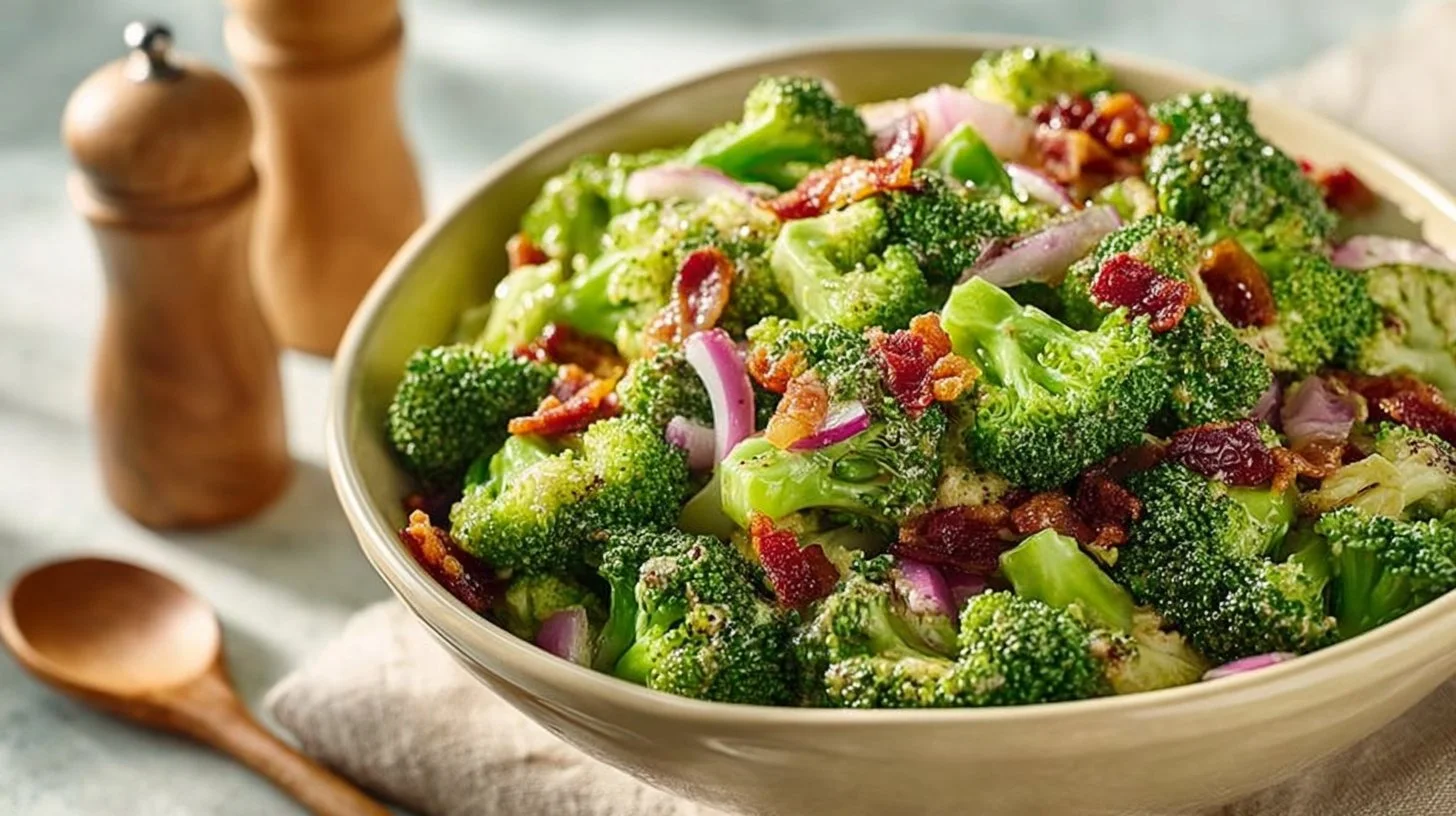 Delicious broccoli salad with nuts and dressing in a bowl