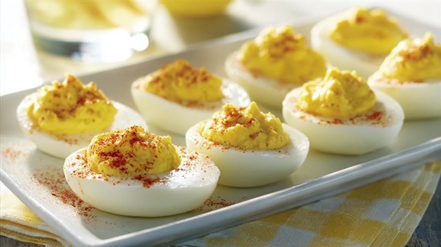 Plate of delicious deviled eggs garnished with paprika and herbs