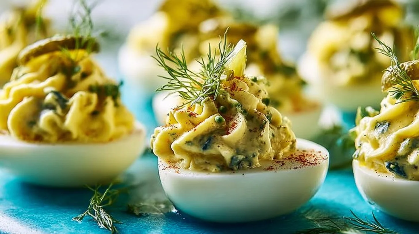 Plate of dill pickle deviled eggs garnished with fresh herbs