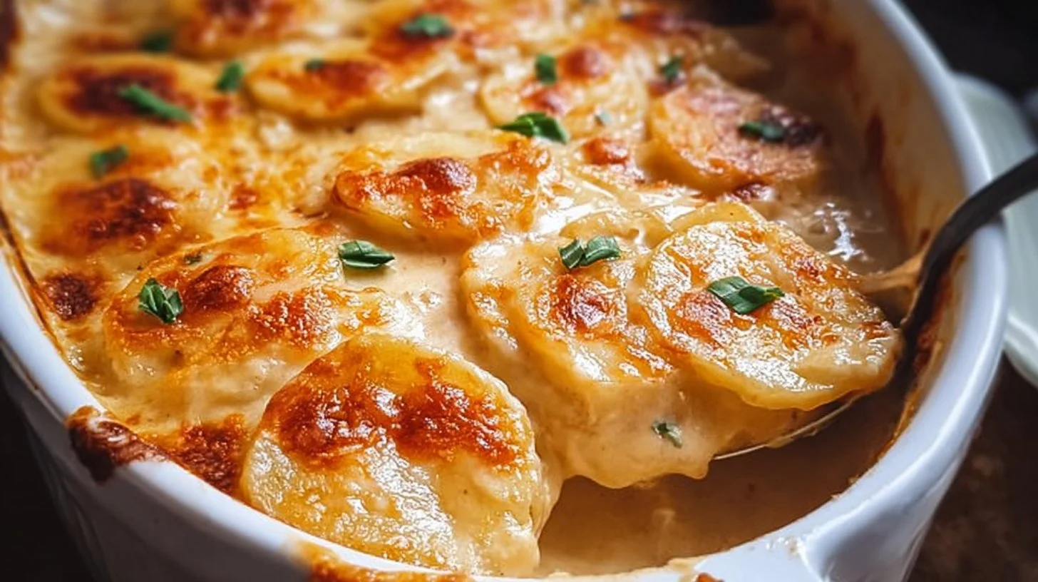 Creamy Easy Cheesy Scalloped Potatoes served in a dish