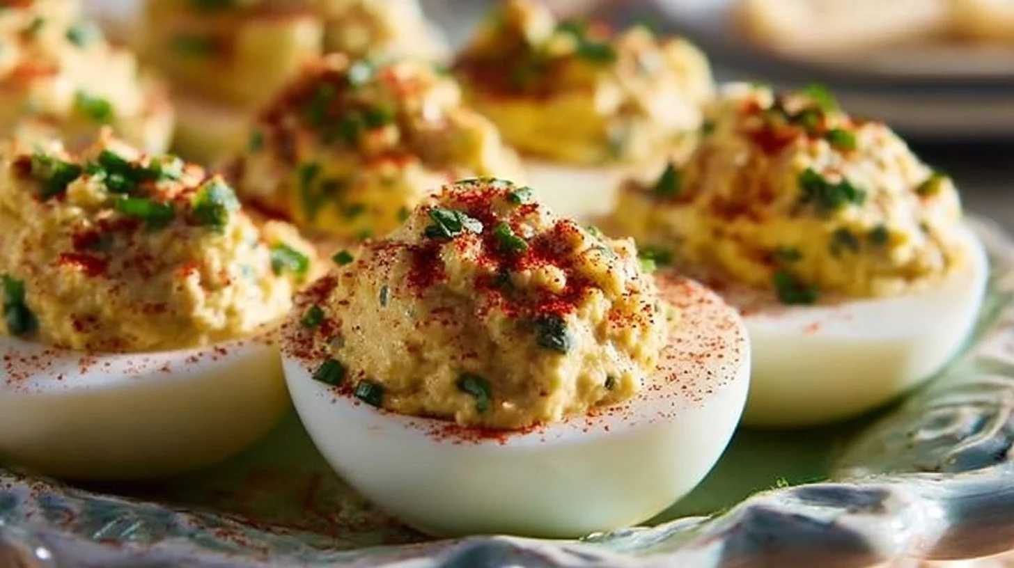 Delicious and creamy Cajun deviled eggs on a serving platter