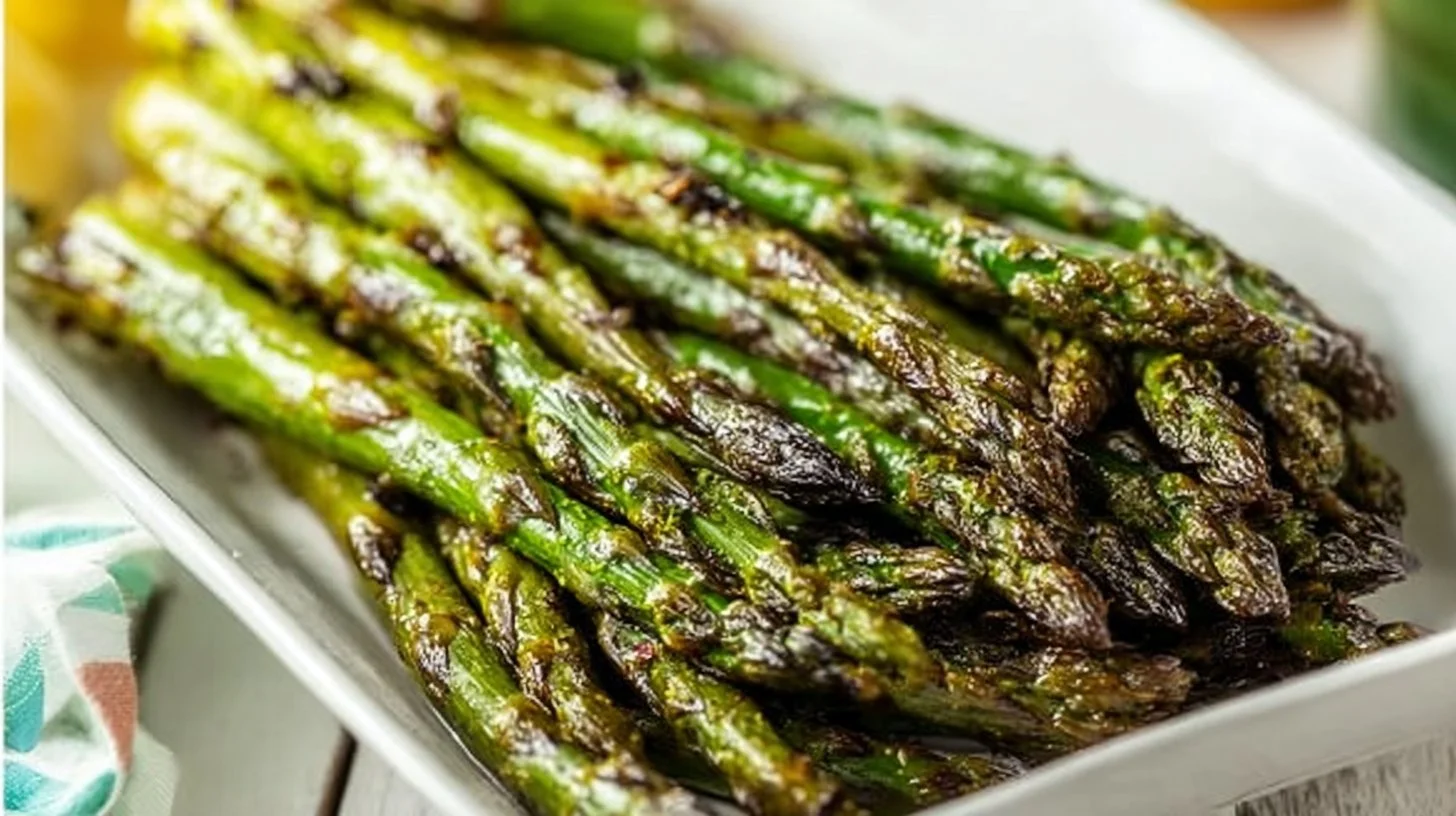 Freshly roasted asparagus served on a plate with seasoning