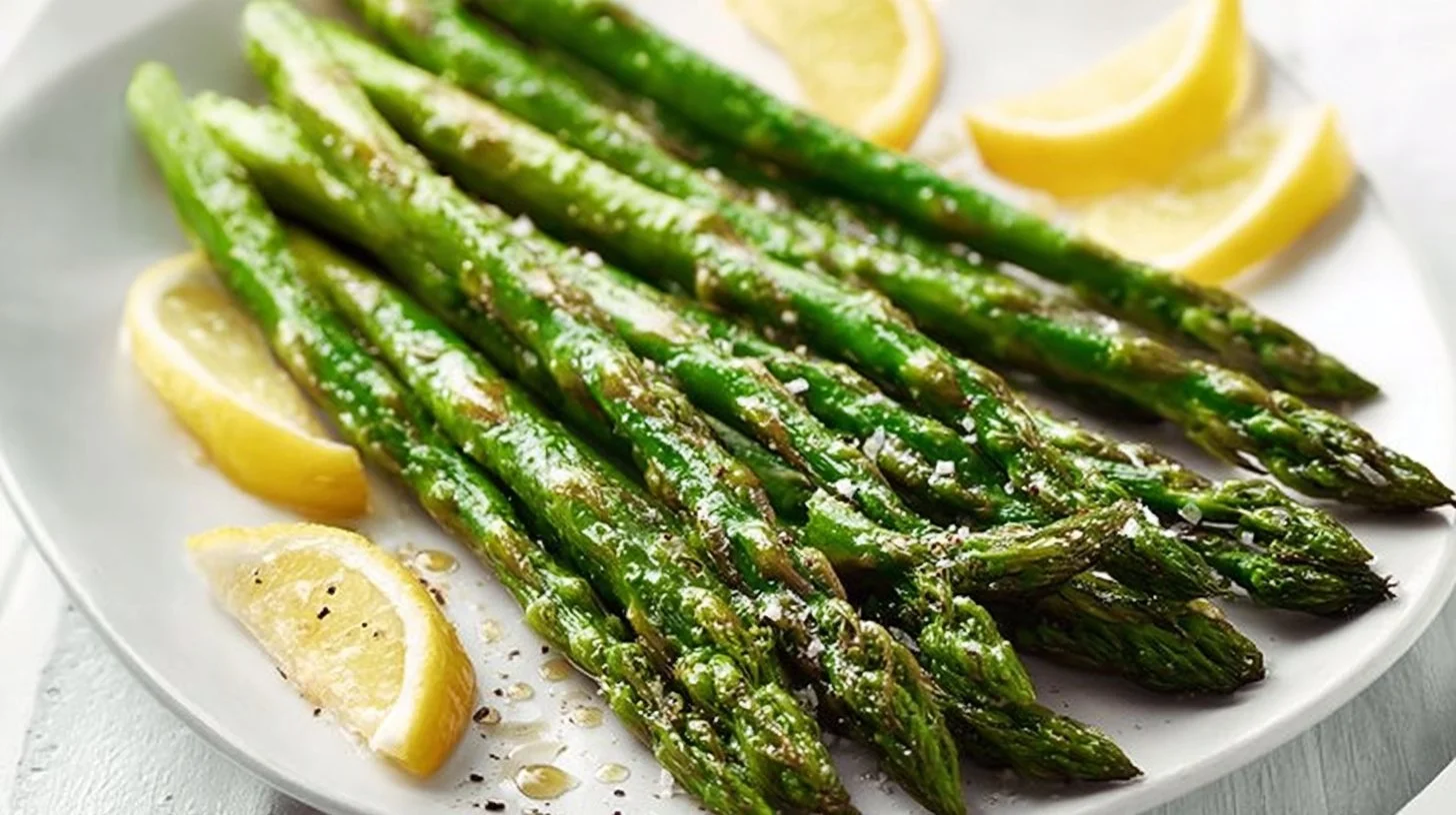 Easily roasted asparagus garnished with lemon and spices on a baking tray.