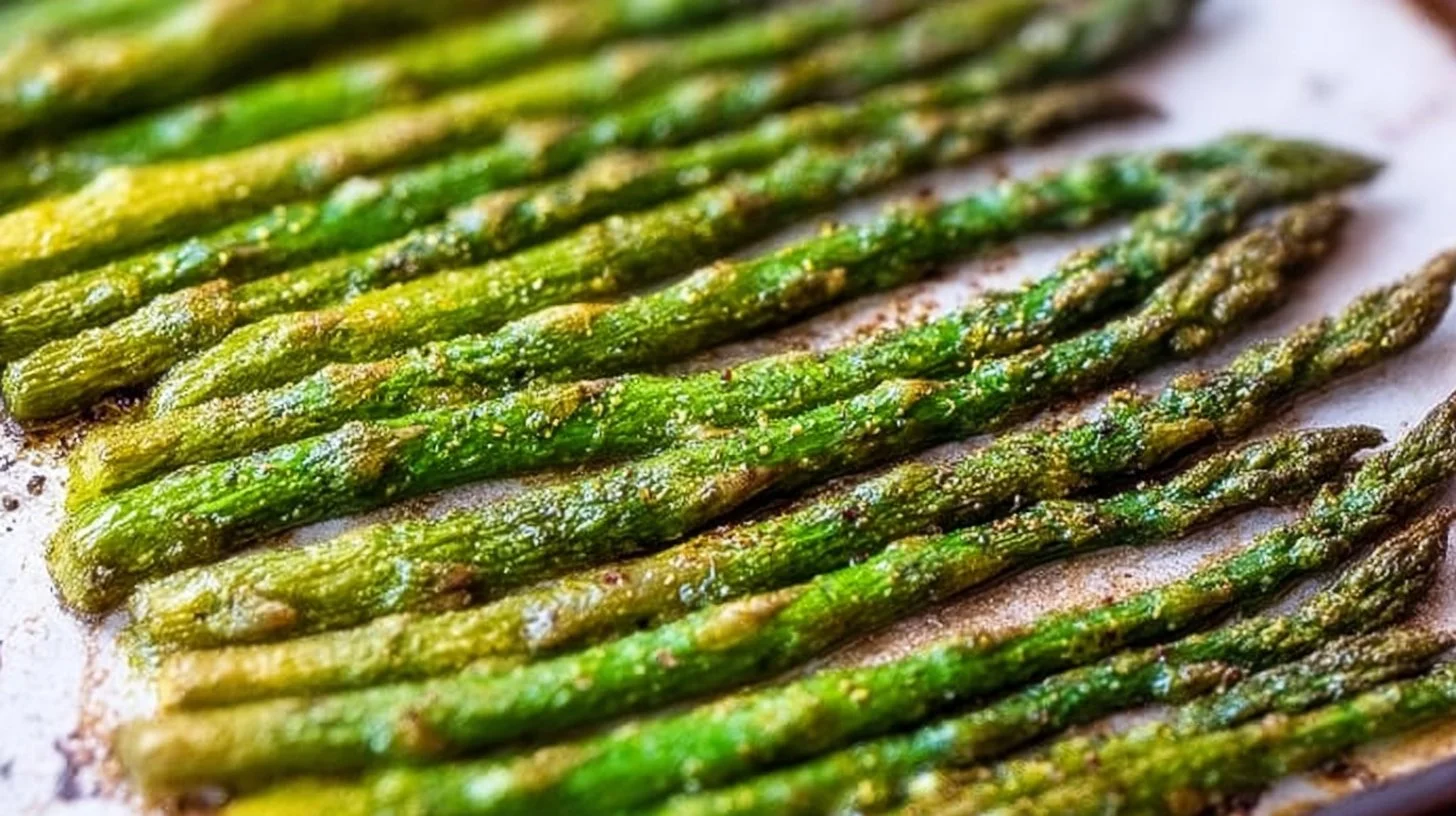Plate of easy roasted asparagus drizzled with olive oil and garlic