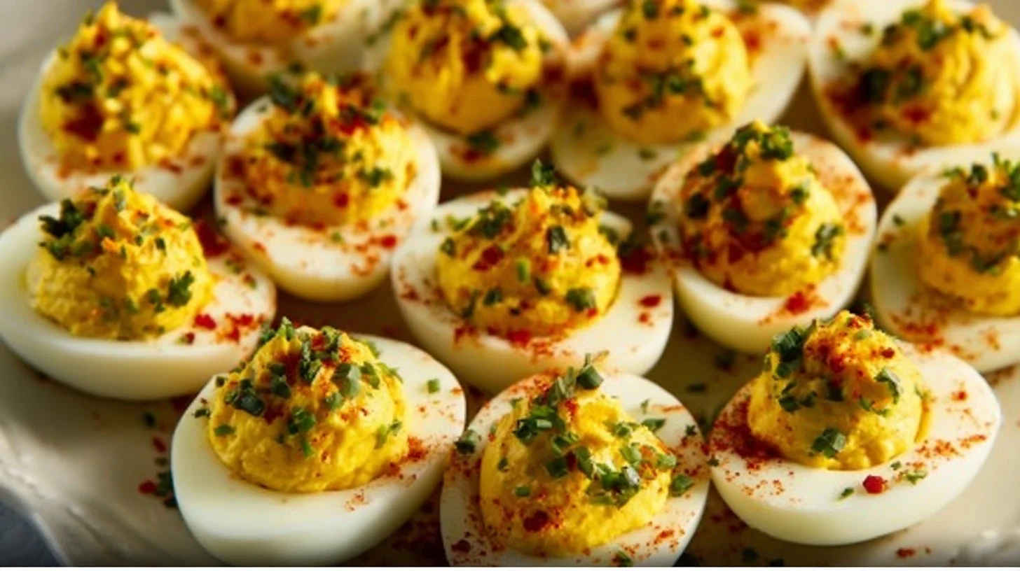 Platter of easy Southern deviled eggs garnished with paprika and herbs