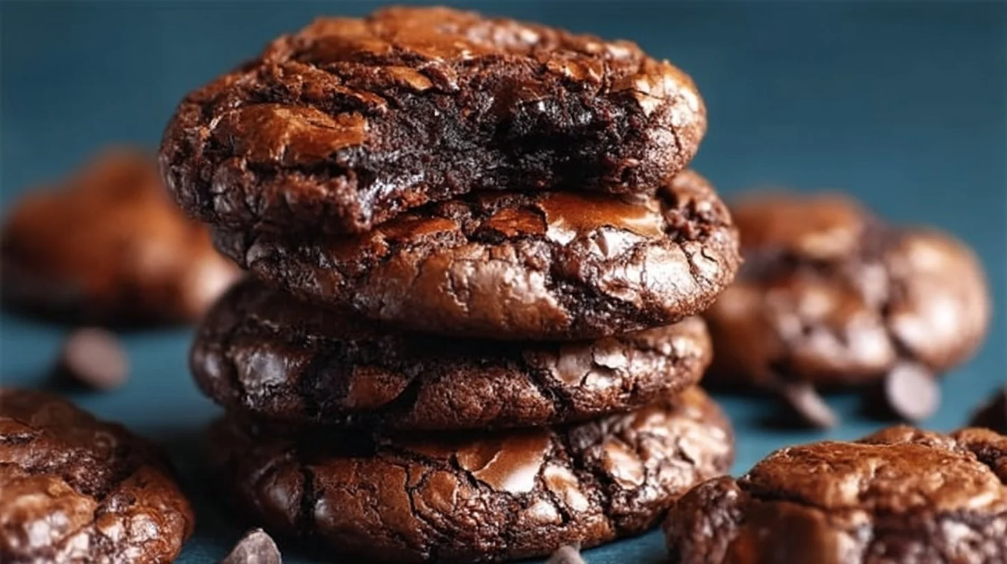 Fudgy brownie cookies topped with chocolate chips on a cooling rack.