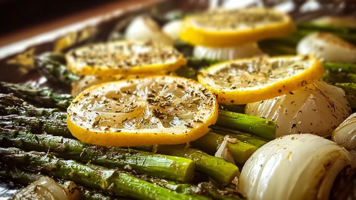 Roasted Garlic Lemon Asparagus dish on a plate, garnished with lemon slices.