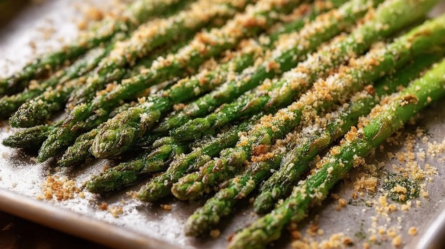 Delicious Garlic Parmesan Roasted Asparagus dish garnished with cheese and herbs